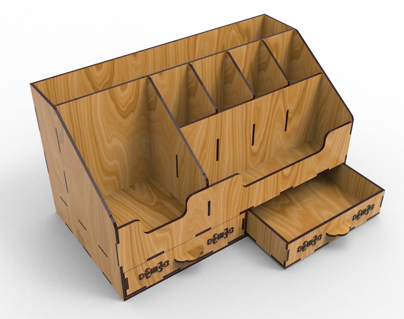 May include: Wooden desk organizer with multiple compartments and two drawers. The organizer is made of light brown wood with a wood grain pattern. The drawers have decorative pulls.
