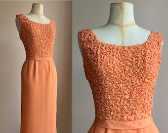 1960s Sparkly Rhinestone Cocktail Dress | Ruched Apricot | Vintage Mid Century Fashion Evening Clothing