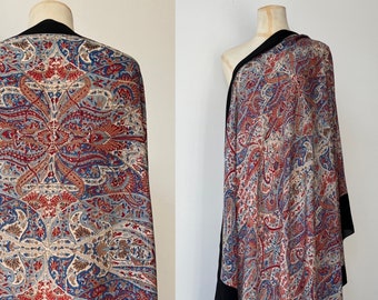 Large 1980s Paisley Silk Chiffon Shawl | Black Earthy Tones Sky Blue | Scarf Wrap | Vintage Fashion Accessories