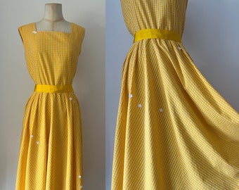 1950s Sunny Yellow Day Dress | Full Skirt Daisies Cotton | Vintage Mid Century Summer Clothing Fashion