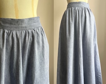 1980s Chambray Skirt | Full High Waisted Maxi | Light Blue Cotton | Vintage Fashion Summer Clothing | 28" Waist