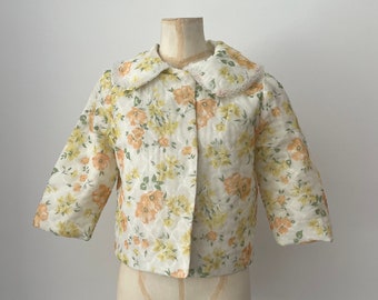 Veste de lit fleurie années 60 | Nylon matelassé fleurs orange citron | Vintage Mid-Century Vêtements Lingerie