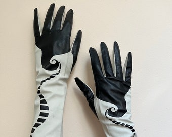Art Deco Style Gloves by Leslie Singer | Pale Grey Goat Leather Black Printed Surrealist Abstract | Evening Accessories | XS S M