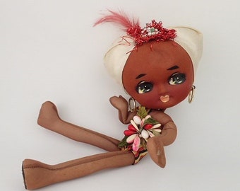 1970s Sukiyo Doll | Big Eyed Brown Girl Turban Hoop Earrings | Vintage Japanese Collectible Pose Dolls