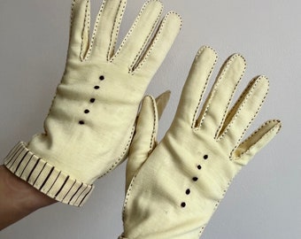 1950s Gloves | Lemon Yellow Cotton Contrasting Topstitching Stripped Cuffs | Vintage Wedding | Fashion Accessories | Empire Made Sized 7 1/2