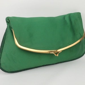 1950s Bagcraft London Clutch | Emerald Green Satin Fold Over | Evening Bag Purse | Vintage Accessories