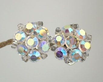1950s Floral Cluster Earrings | Aurora Borealis Iridescent Crystal | Clip On Non- Pierced | Vintage Mid Century | Jewellery Jewelry
