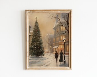 Vintage christmas town wall art for seasonal home decor holiday painting 24x36 prints