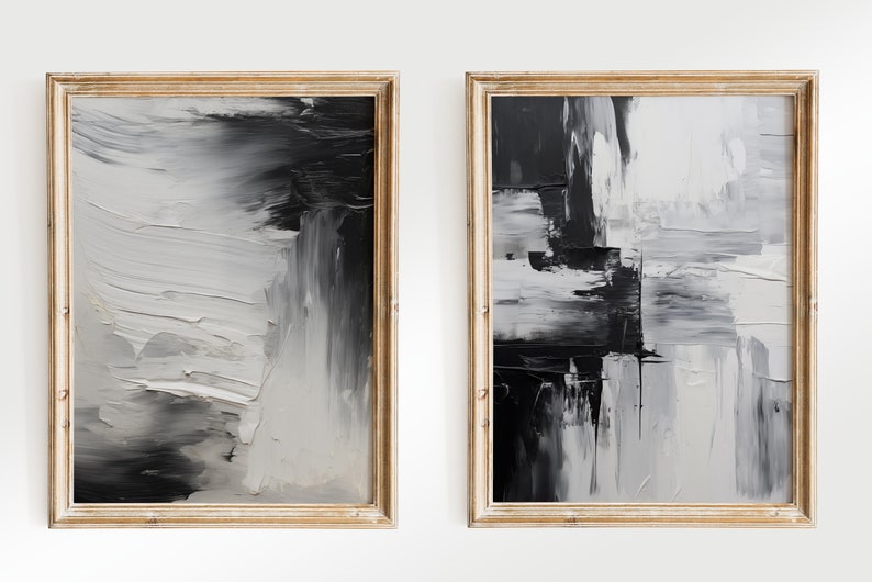 Set of 2 Black and White Abstract Art Prints | Minimalist Art Work for ...