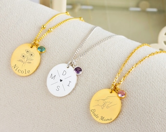 Gepersonaliseerde geboortesteenketting in zilver en goud | Gegraveerde ketting met een 16 mm sterling zilveren schijfhanger | Cadeau voor je vriendin