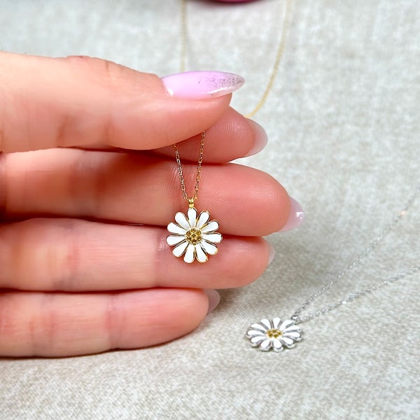 Minimalistische Daisy ketting voor vrouwen | 925 karaat sterling zilver | Witte bloem ketting | Madeliefje ketting goud en zilver