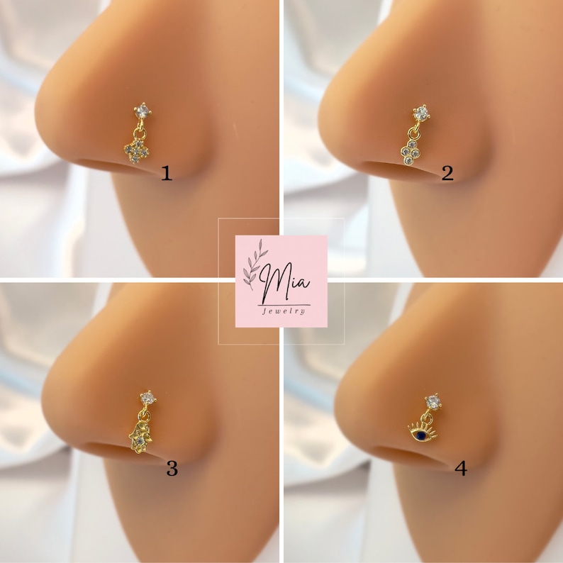 Sterling Silver Gold Hanging Nose Stud 14K Gold Plated Small Nose Stud Gold Stud Earrings Indian Nose Stud Cute Nose Stud image 2