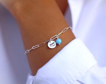 Personalized bracelet with blue or white opal in gold, silver | Engraved bracelet with opal pendant | Gift for wife or best friend