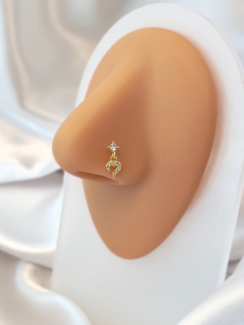 Sterling Silver Gold Hanging Nose Stud 14K Gold Plated Small Nose Stud Gold Stud Earrings Indian Nose Stud Cute Nose Stud image 8