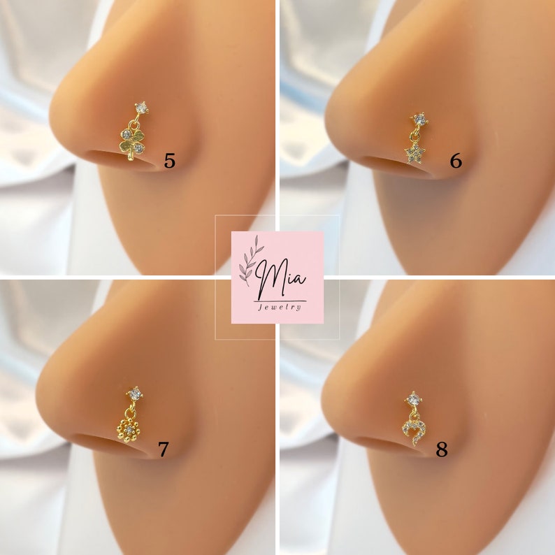 Sterling Silver Gold Hanging Nose Stud 14K Gold Plated Small Nose Stud Gold Stud Earrings Indian Nose Stud Cute Nose Stud image 3