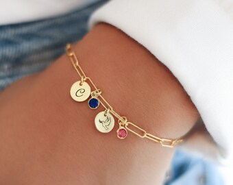 Personalized birthstone bracelet in gold and silver | Engraved bracelet with heart pendant in 925 sterling silver | Gift for girlfriend