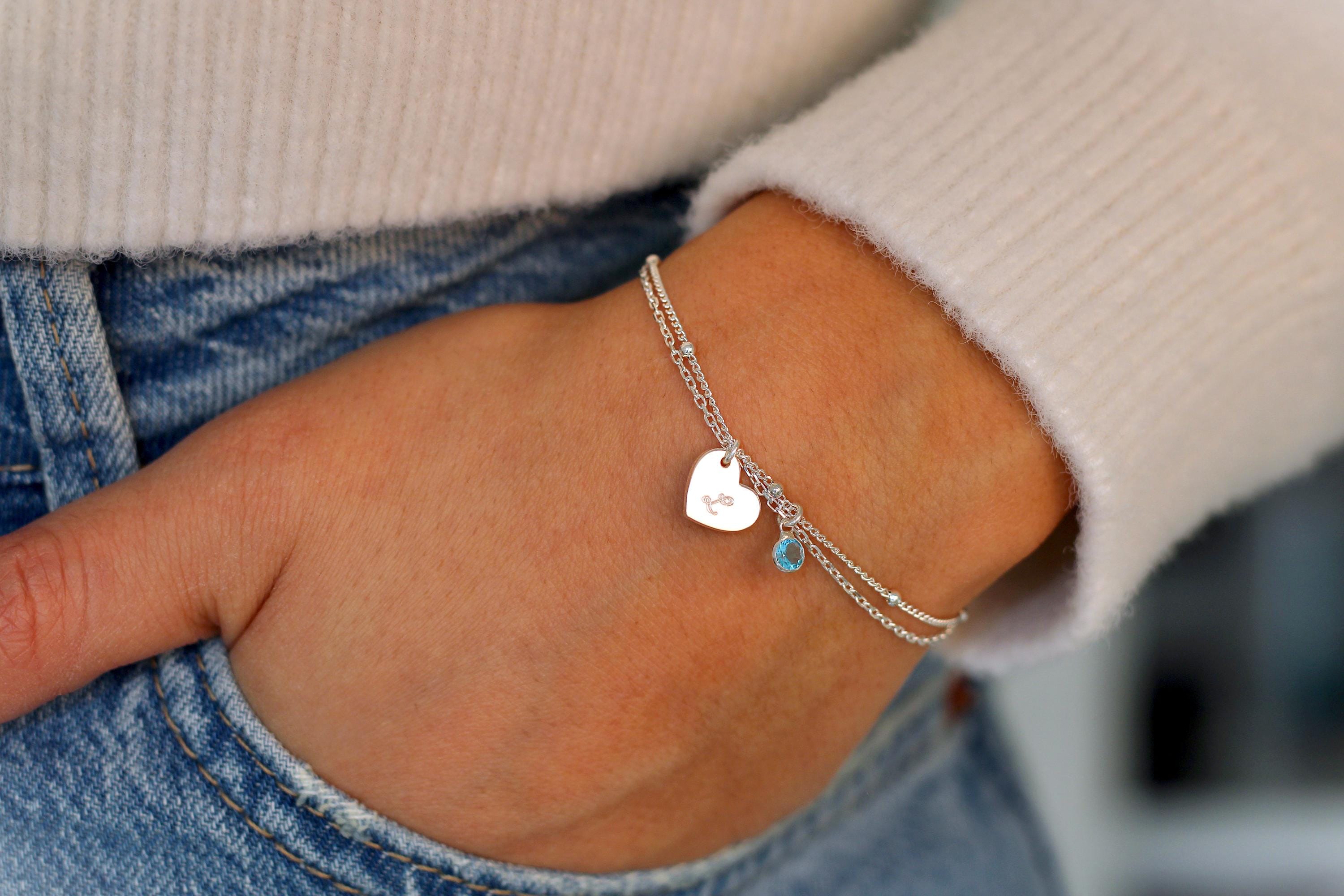 Personalized birthstone bracelet in silver, gold | Engraved bracelet with heart pendant made of sterling silver | Gift for mom, birthday