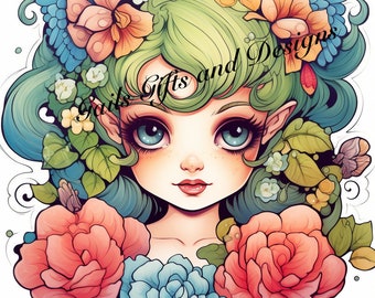 Green Fairy Downloadable Clipart. Amazing Pretty Green haired Fairycore fairy Shirt in beautiful Flowercore colors