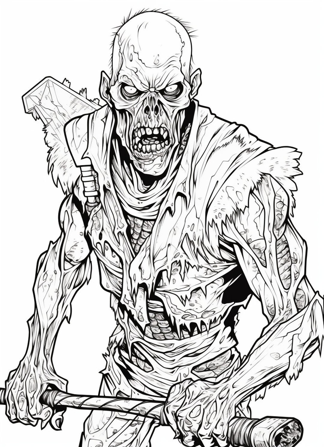 Halloween Scary Zombie Coloring Book Page Image for Adults. Black and
