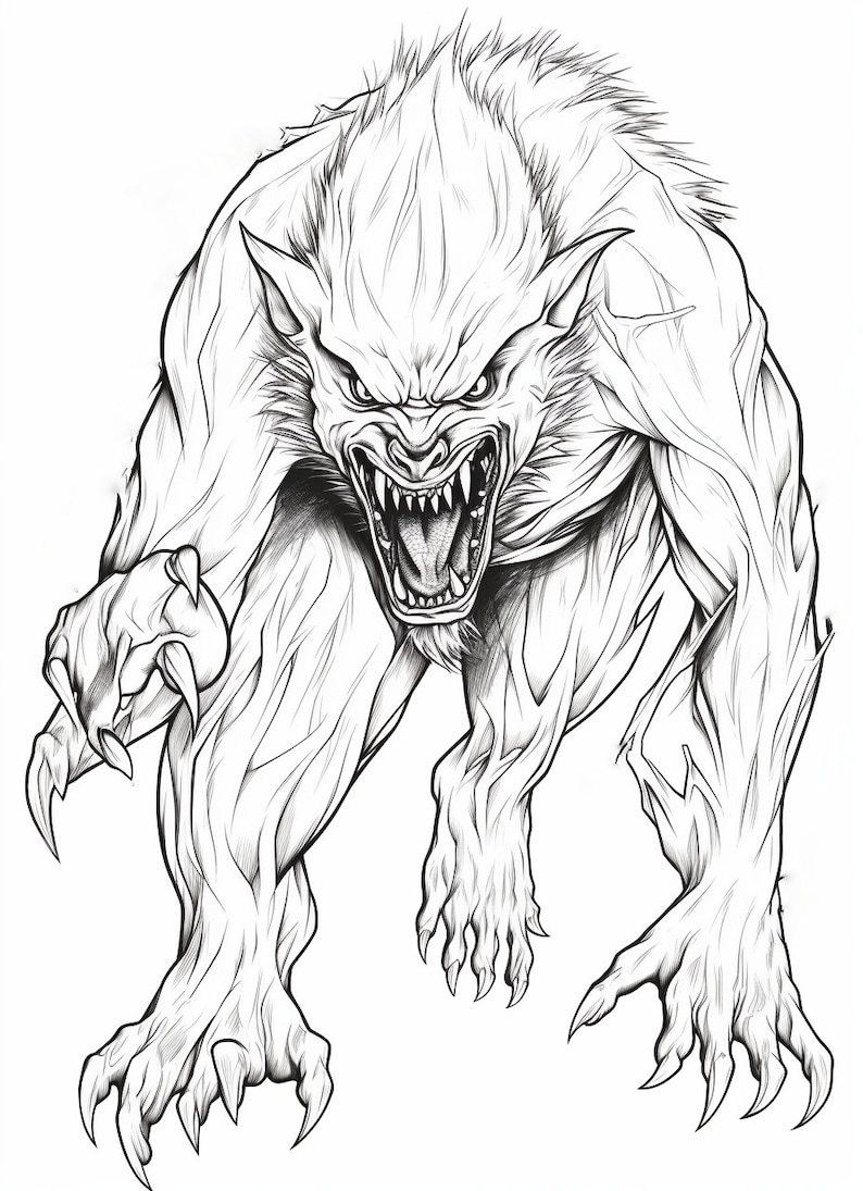Halloween Scary Werewolf Coloring Book Page Image for Adults. Black and White Line Drawing Image ...