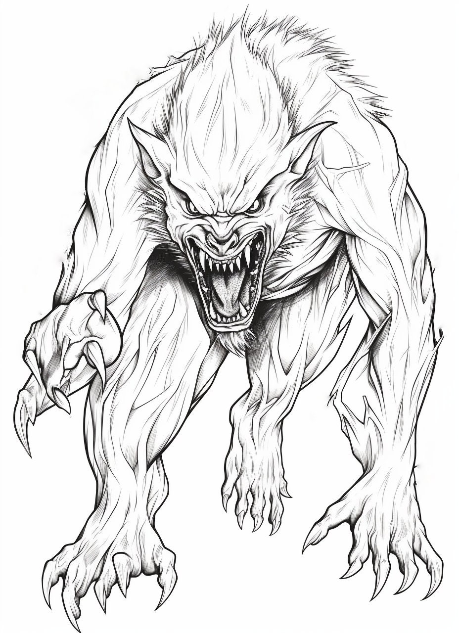 Halloween Scary Werewolf Coloring Book Page Image for Adults. Black and ...
