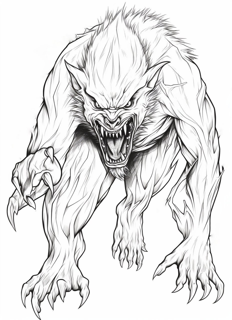 Halloween Scary Werewolf Coloring Book Page Image for Adults. Black and