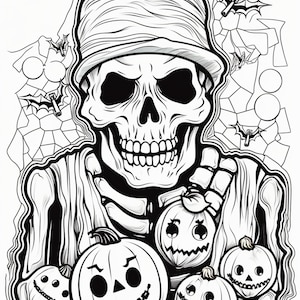 Happy Halloween Skeleton coloring book page image for kids, students or trick-or-treaters. Buy once and print hundreds.