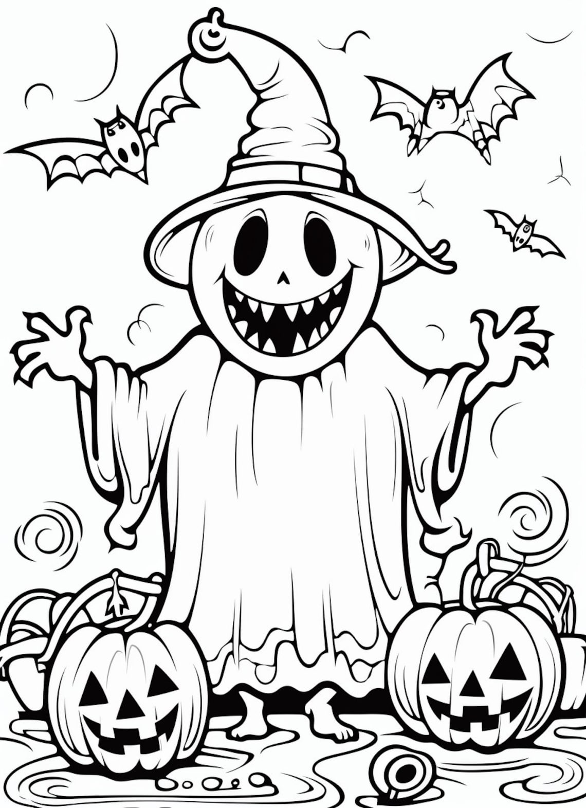 Happy Halloween Ghost With Pumpkins Coloring Book Page Image for Kids ...