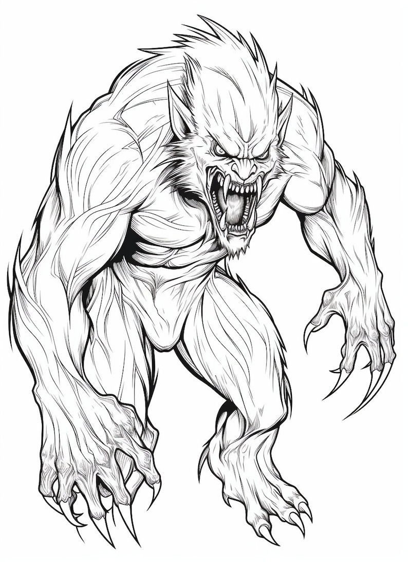 Halloween Scary Werewolf Coloring Book Page Image for Adults. Black and ...