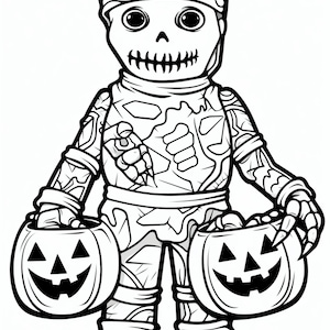 Happy Halloween Kid Mummy coloring book page image for kids, students or trick-or-treaters. Buy once and print hundreds.