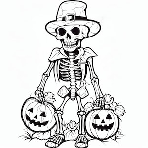 Happy Halloween Skeleton coloring book page image for kids, students or trick-or-treaters. Buy once and print hundreds.