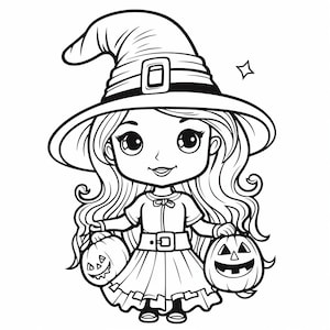 May include: A black and white illustration of a young witch wearing a pointed hat and holding two jack-o'-lantern pumpkins.