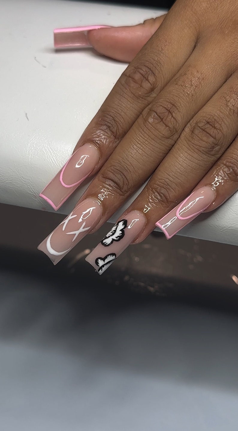 Pink Kaws Nails Set Acrylic Nail Art Cute Nail Designs Nail - Etsy