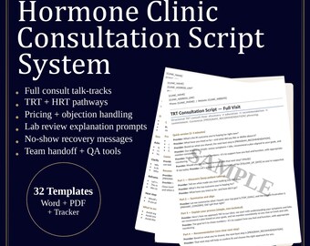 Hormone Clinic Consultation Script System | TRT HRT BHRT | Booking, Lab, Objection, Pricing, Follow-Up Tracker