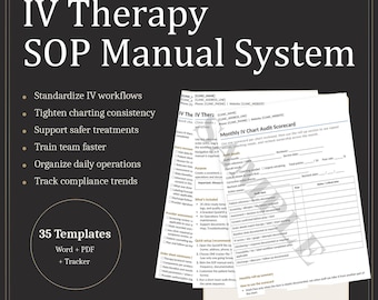 IV Therapy SOP Manual System | Clinic Procedures, Forms Word/PDF/Tracker (Digital Download)