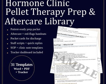 Hormone Clinic Pellet Therapy Prep & Aftercare Library | TRT/HRT/BHRT (Word/Pdf/Tracker)