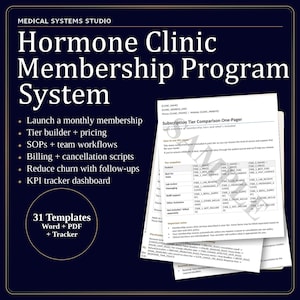 Op de afbeelding: Een donkerblauwe afbeelding met de tekst "MEDICAL SYSTEMS STUDIO" en "Hormone Clinic Membership Program System". De afbeelding bevat een lijst met functies en een document met de titel "Subscription Tier Comparison One-Pager".