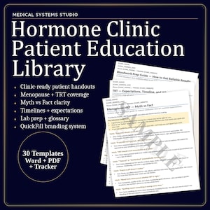 Puede incluir: Gráfico azul oscuro con el texto "Hormone Clinic Patient Education Library". La imagen incluye folletos sobre la menopausia, TRT y mitos vs. hechos. También incluye 30 plantillas en Word, PDF y un rastreador.