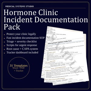 May include: A dark navy blue document pack titled "Hormone Clinic Incident Documentation Pack" with a list of features. Includes a stack of paper forms with the title "Adverse Event / Incident Intake Form". The pack includes 31 templates.