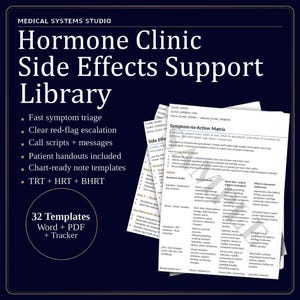 May include: A dark blue graphic with the text "Hormone Clinic Side Effects Support Library." Includes templates for fast symptom triage, clear red-flag escalation, and patient handouts. Contains 32 templates in Word, PDF, and tracker formats.