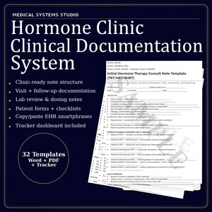 Może przedstawiać: Ciemnoniebieski dokument z tekstem "Hormone Clinic Clinical Documentation System" i listą funkcji. Zawiera szablon dla "Initial Hormone Therapy Consult Note". Od Medical Systems Studio.