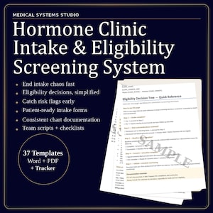 Pode incluir: Um gráfico azul escuro com texto branco promovendo um sistema de triagem de admissão e elegibilidade da clínica hormonal. A imagem inclui uma lista de recursos, um documento intitulado "Árvore de Decisão de Elegibilidade - Referência Rápida" e uma nota sobre 37 modelos.
