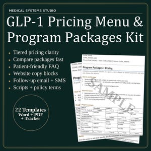 GLP-1 Pricing Menu & Program Packages Kit | Semaglutide/Tirzepatide Program Pricing Guide | Tier Builder, Cost Scripts, Estimator Tracker