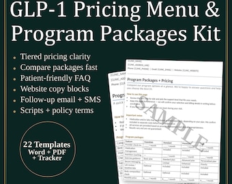 GLP-1 Pricing Menu & Program Packages Kit | Semaglutide/Tirzepatide Program Pricing Guide | Tier Builder, Cost Scripts, Estimator Tracker