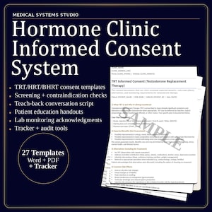 Puede incluir: Un documento azul oscuro titulado "Hormone Clinic Informed Consent System" con el texto "27 Templates Word + PDF + Tracker". Incluye plantillas de consentimiento, controles de detección y folletos de educación para pacientes.