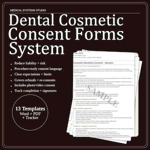 Dental Cosmetic Consent Forms System | Veneers, Crowns, Bonding, Whitening, Aligner | Word/PDF/Tracker (Download)