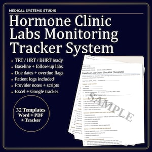 Könnte beinhalten: Dunkelblaue Grafik mit dem Text "Hormone Clinic Labs Monitoring Tracker System". Das Bild enthält eine Checklisten-Vorlage und listet Funktionen wie Basisuntersuchungen, Patientenprotokolle und Excel-Tracking auf. Es bietet 32 Vorlagen in Word, PDF und Tracker-Formaten.