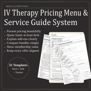 Może przedstawiać: Ciemny obraz z tekstem "IV Therapy Pricing Menu & Service Guide System". Obraz zawiera stos białych szablonów papieru i okrągłą grafikę z napisem "32 Templates Word + PDF + Tracker".