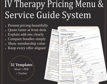 IV Therapy Pricing Menu & Service Guide System | Hydration Clinic Quote Calculator, Pricing (Digital Download)