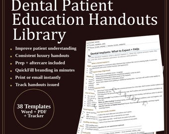 Dental Patient Education Handouts Library | Implant Aftercare, Veneers & Whitening | FAQs + Prep Checklist + Timeline | Tracker